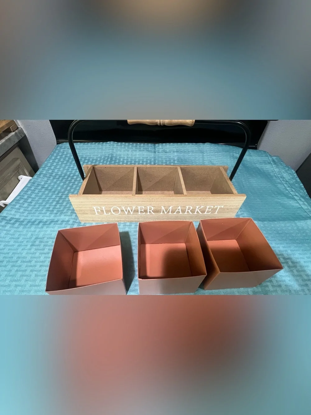 Wooden 3-Section Planter Box with Pots